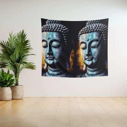 A Blue Buddha Indoor Wall Tapestry from Printify, featuring serene closed eyes, is elegantly displayed on a white wall. To the left, two potted plants with lush green leaves are positioned on the wooden floor. This minimalist setup creates a peaceful ambiance ideal for meditation spaces.