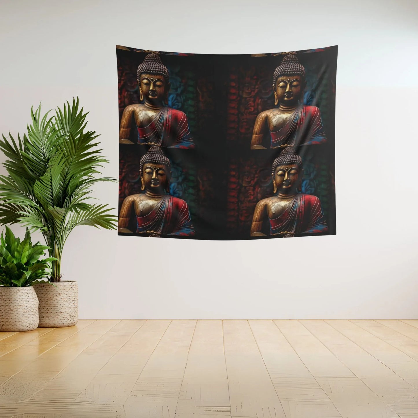 A room with a wooden floor exudes a Zen ambiance, emphasized by the large Buddha Tapestry from Printify that showcases four peaceful images of the statue with closed eyes. In the corner, two potted plants display lush green foliage, providing tranquility for those practicing meditation.