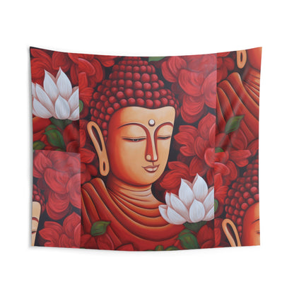 The Meditation Buddha Tapestry | Zen Tapestry by Printify beautifully showcases a peaceful Buddha face surrounded by vivid red roses and a white lotus, all set against a rich red backdrop. Ideal for those embracing spirituality, it infuses any yoga space with an atmosphere of peace and tranquility.