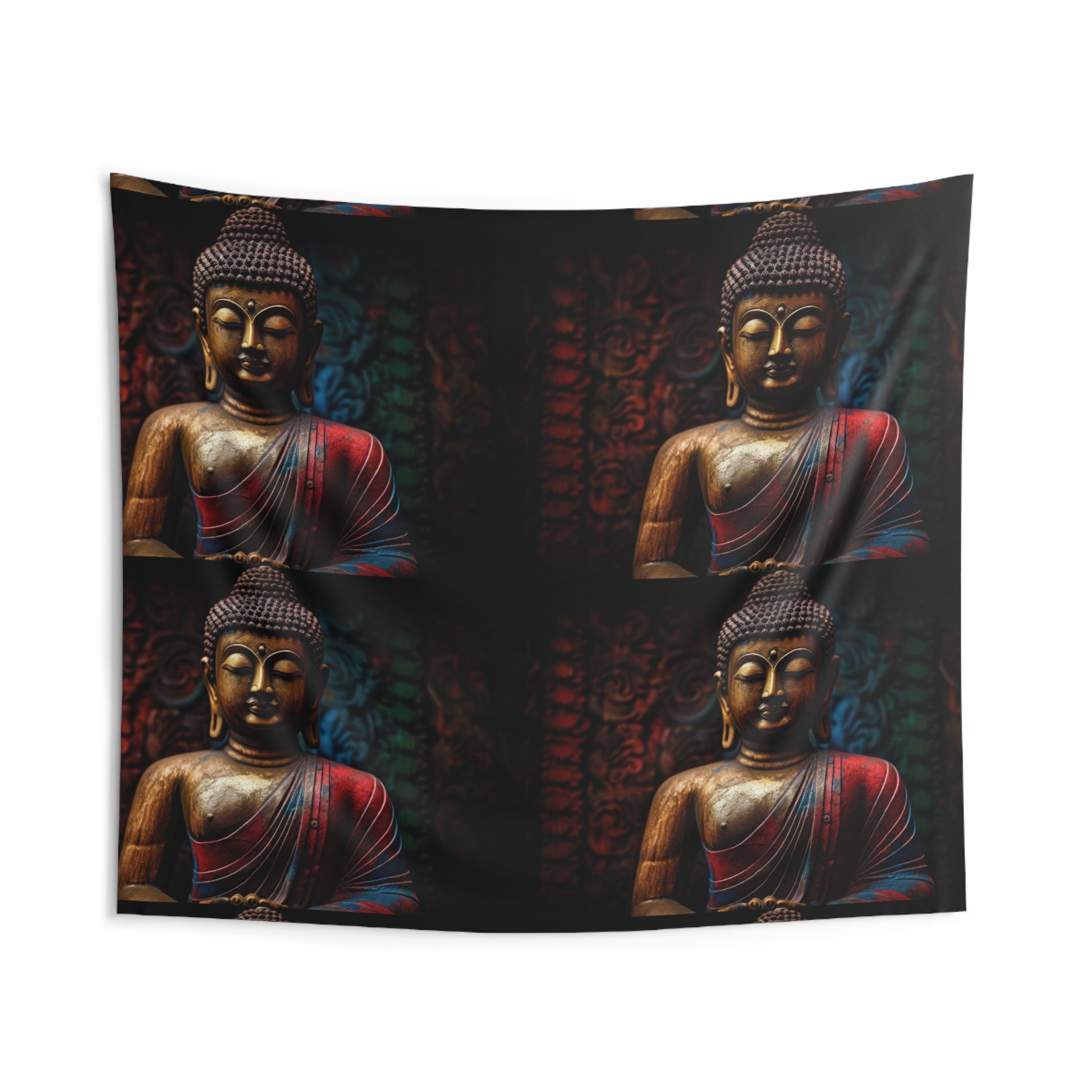 The Printify Buddha Tapestry, available from zenartbliss, features four identical images of a Buddha statue in a red robe set against a dark background adorned with intricate patterns. Perfect for meditation practitioners, it emphasizes the serene expression and detailed features of the statue, creating an ideal Zen atmosphere.