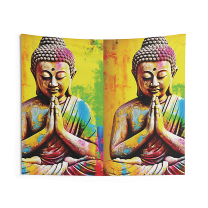 The "Colorful Buddha Tapestry" from Printify features a mirrored statue in meditation with hands in prayer, artistically painted in vivid splashes of pink, blue, yellow, and green on a bright yellow background. This tapestry is perfect for bringing a sense of tranquility to meditation rooms or yoga studios.