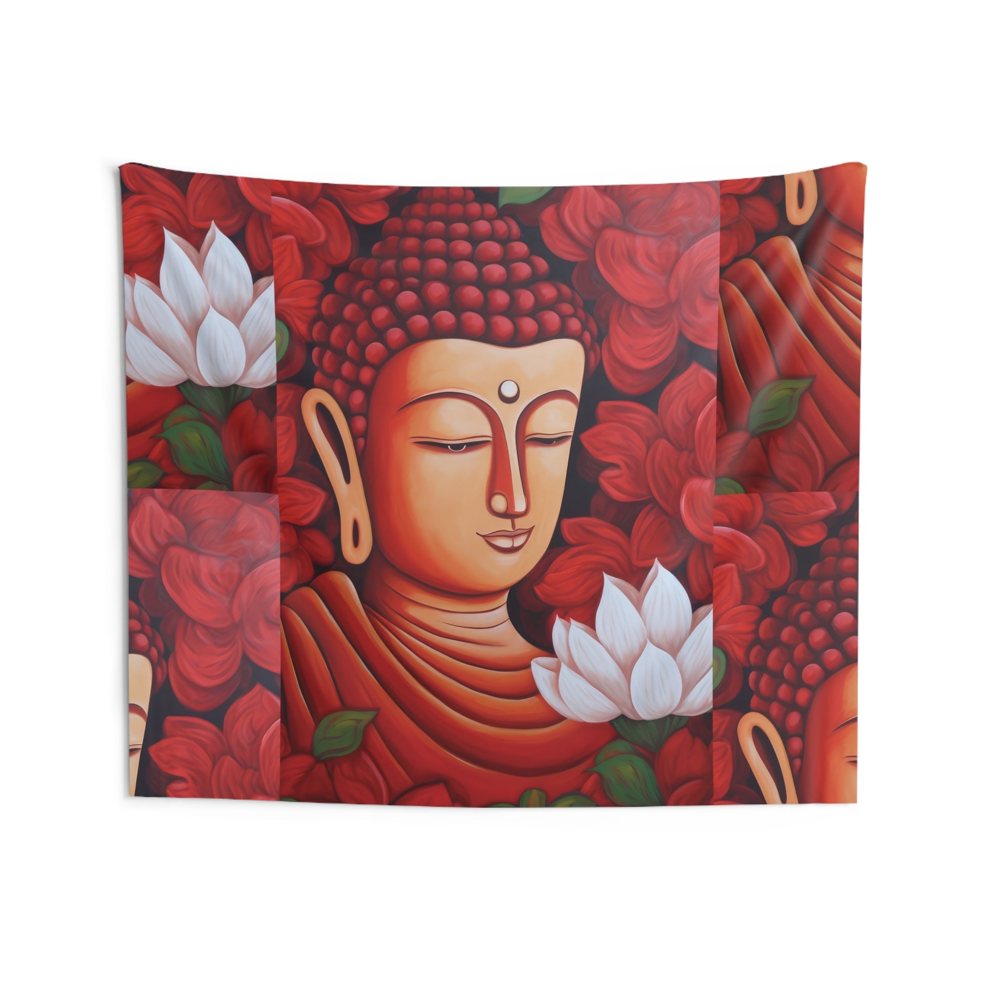 The Meditation Buddha Tapestry | Zen Tapestry by Printify features a tranquil depiction of a Buddha face, encircled by vibrant red flowers and lush green leaves, with a prominent white lotus in the design. This piece is perfect for yoga enthusiasts or those seeking a spiritual atmosphere, providing both peace and vibrant color to any space.