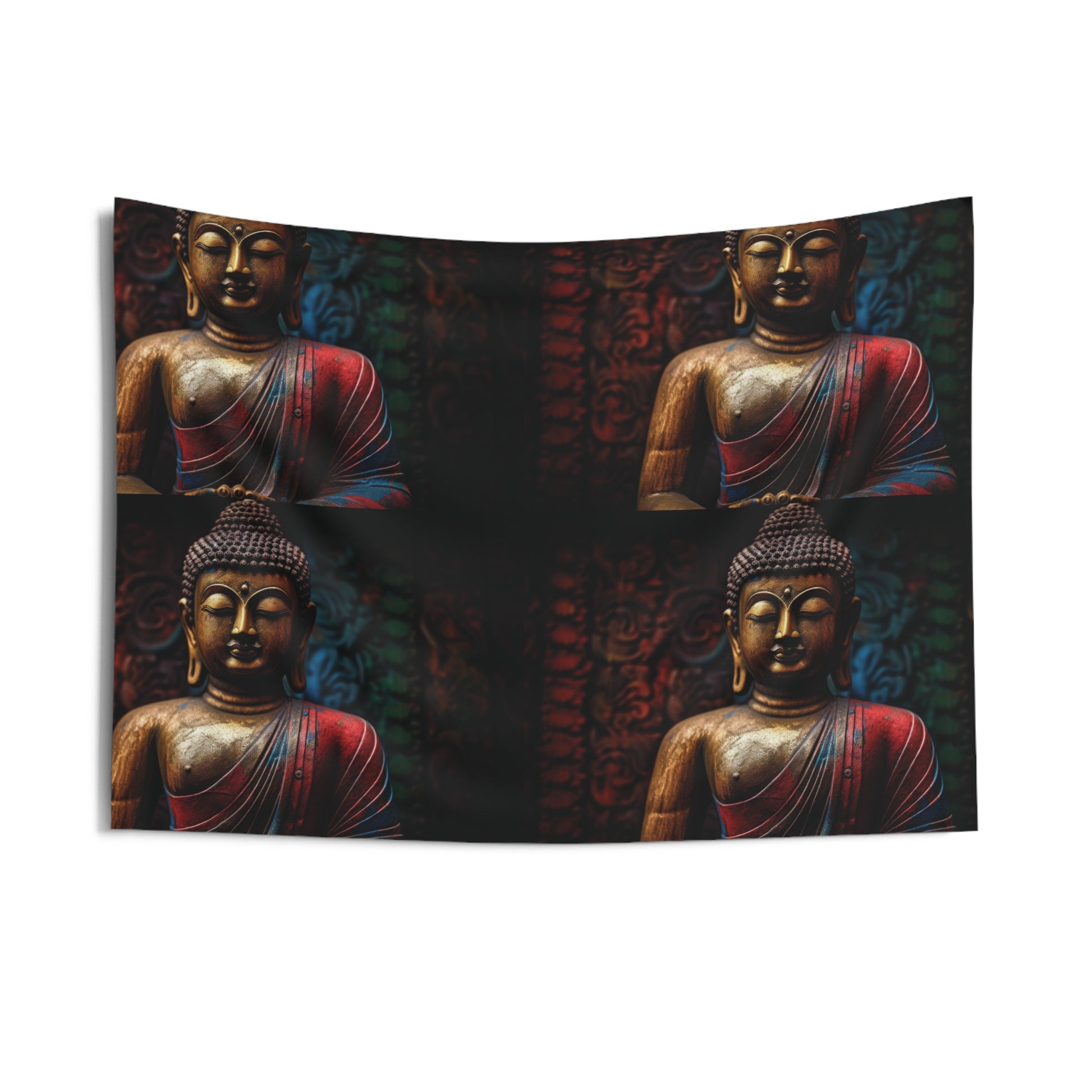 The Buddha Tapestry from Printify, offered under the Zenartbliss collection, showcases a repeated image of a Buddha statue adorned in red and gold robes against an intricately designed dark background. This tapestry is perfect for meditation enthusiasts aiming to cultivate a tranquil Zen environment in their space.