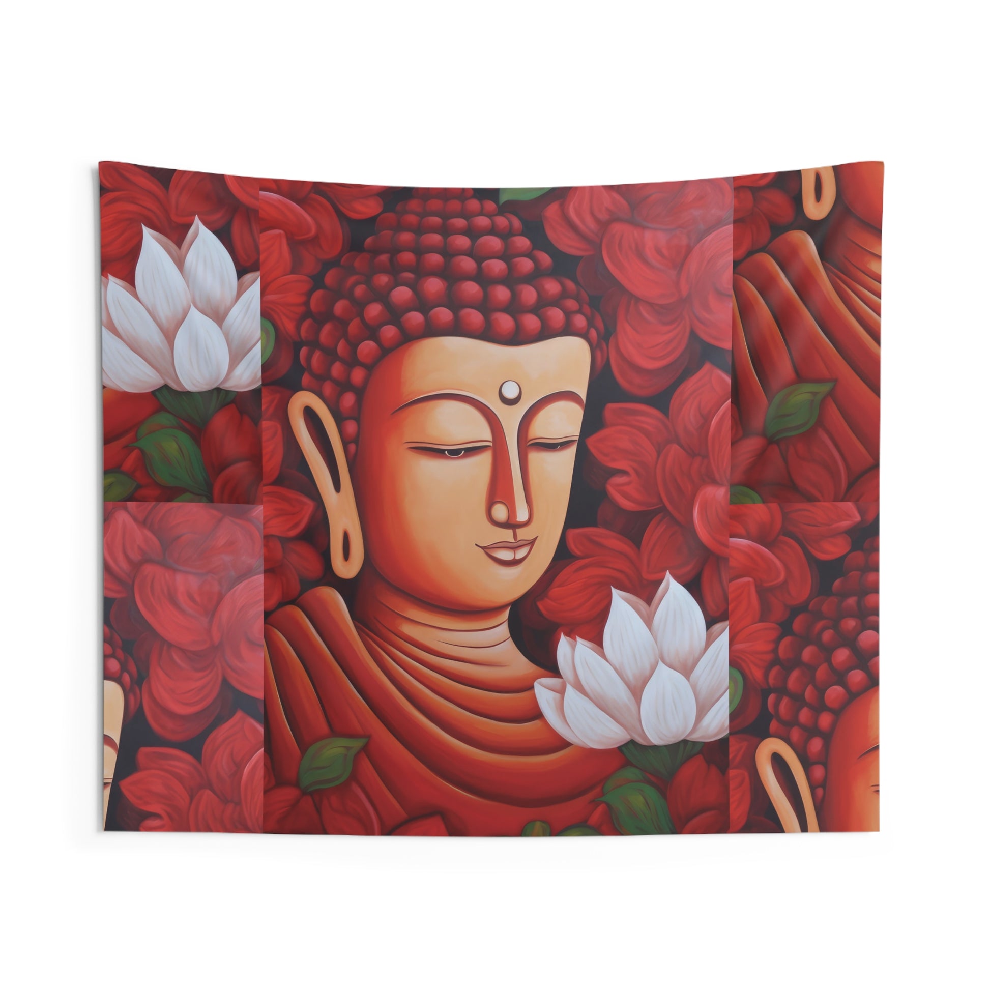 The Meditation Buddha Tapestry | Zen Tapestry by Printify features a tranquil Buddha with closed eyes, encircled by lively red flowers and lush green leaves. Perfect for spiritually-minded individuals or as a decorative piece in a yoga room, the addition of a white lotus near his shoulder enriches the serene atmosphere of this artwork.