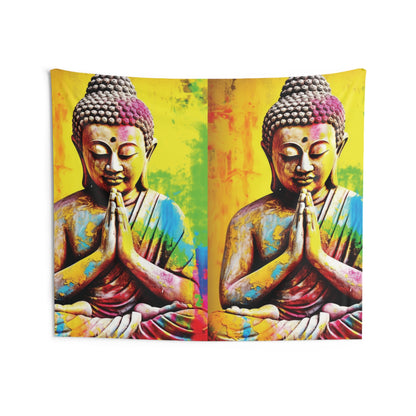 The "Colorful Buddha Tapestry for meditation and yoga room" by Printify features a vibrant depiction of two mirrored Buddha statues in a meditative pose, accentuated by colorful abstract splashes against a bright yellow backdrop—ideal for enhancing any yoga studio or meditation space.