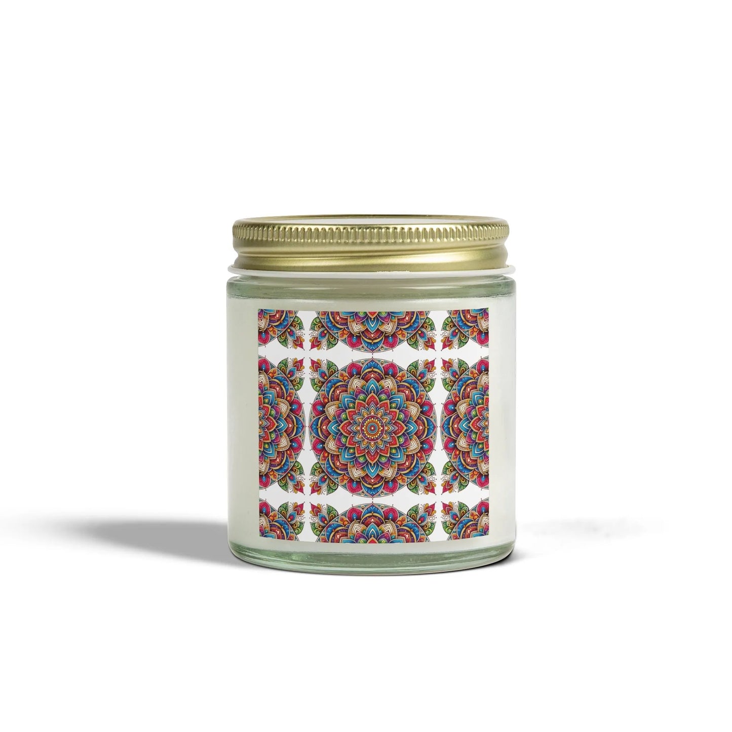 A glass jar with a gold lid from Printify beautifully displays an intricate and colorful mandala pattern on its label. The design echoes the vibrant hues of red, blue, green, and yellow found in eco-friendly Aromatherapy Candle Essential Oil scented candles. This captivating design is set against a crisp white background.