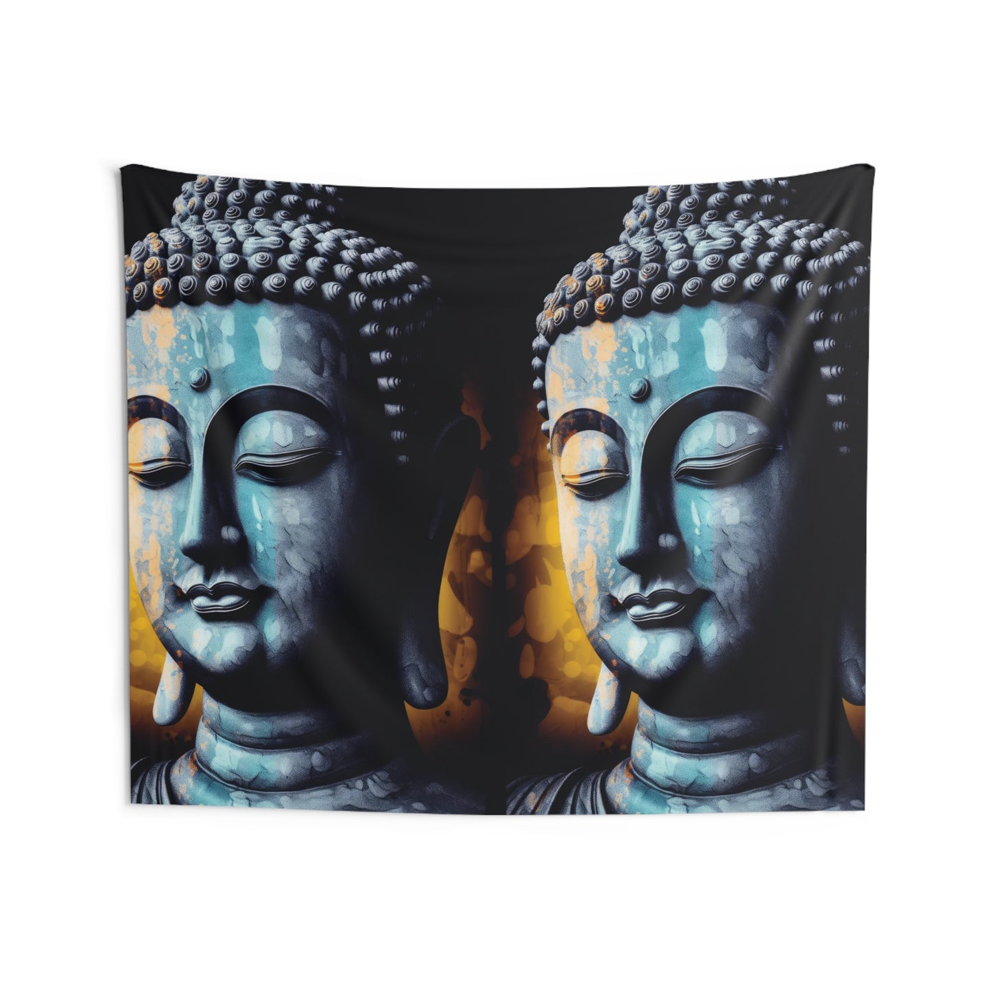 The Blue Buddha Indoor Wall Tapestry by Printify showcases a serene design of two symmetrical Buddha faces in soothing blue tones, eyes closed against a warm golden background. This Zen tapestry embodies tranquility and balance, making it perfect for meditation spaces.