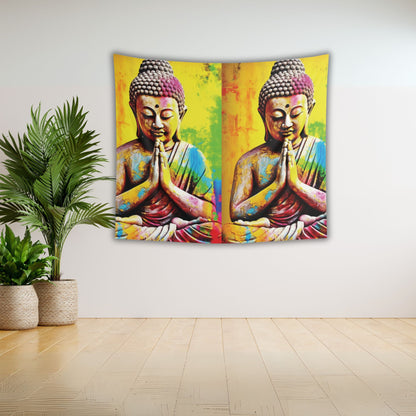 Printify's Colorful Buddha Tapestry, featuring two serene Buddha statues with hands in prayer, enhances a minimalist meditation room. The vibrant yellow background contrasts beautifully with the light wooden floors and the potted plant on the left, creating an ideal ambiance for yoga studios.