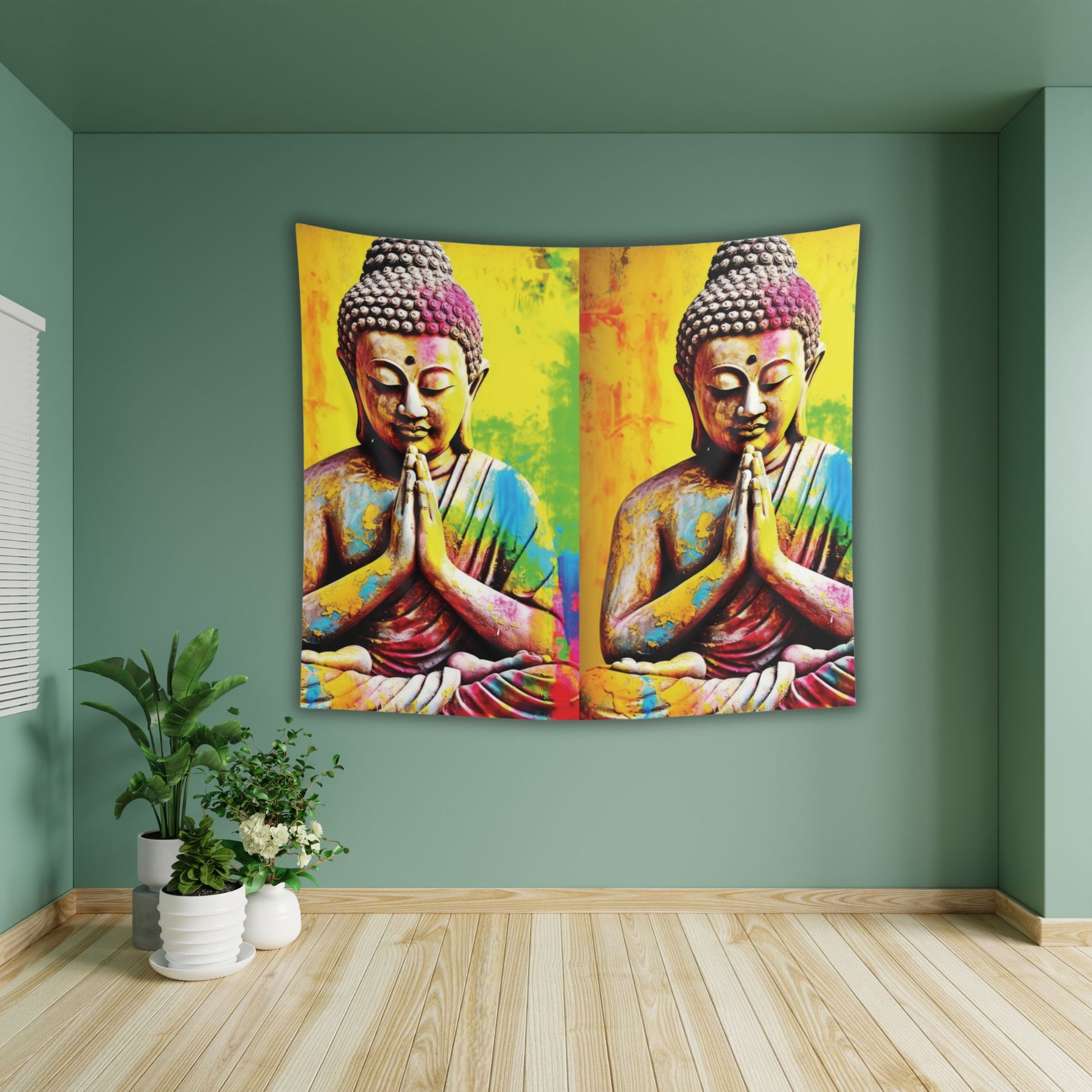 The Colorful Buddha Tapestry by Printify, perfect for meditation and yoga rooms, features two mirrored images of a meditating Buddha with hands in prayer against a green backdrop. Potted plants enhance the wooden floor beneath it.