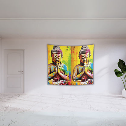 A minimalist yoga room is adorned with the Colorful Buddha Tapestry from Printify, which displays mirrored figures in meditation against a pristine white wall. The floor boasts polished white marble, and a vibrant green potted plant sits gracefully in the corner, enhancing the tranquility of the serene space.