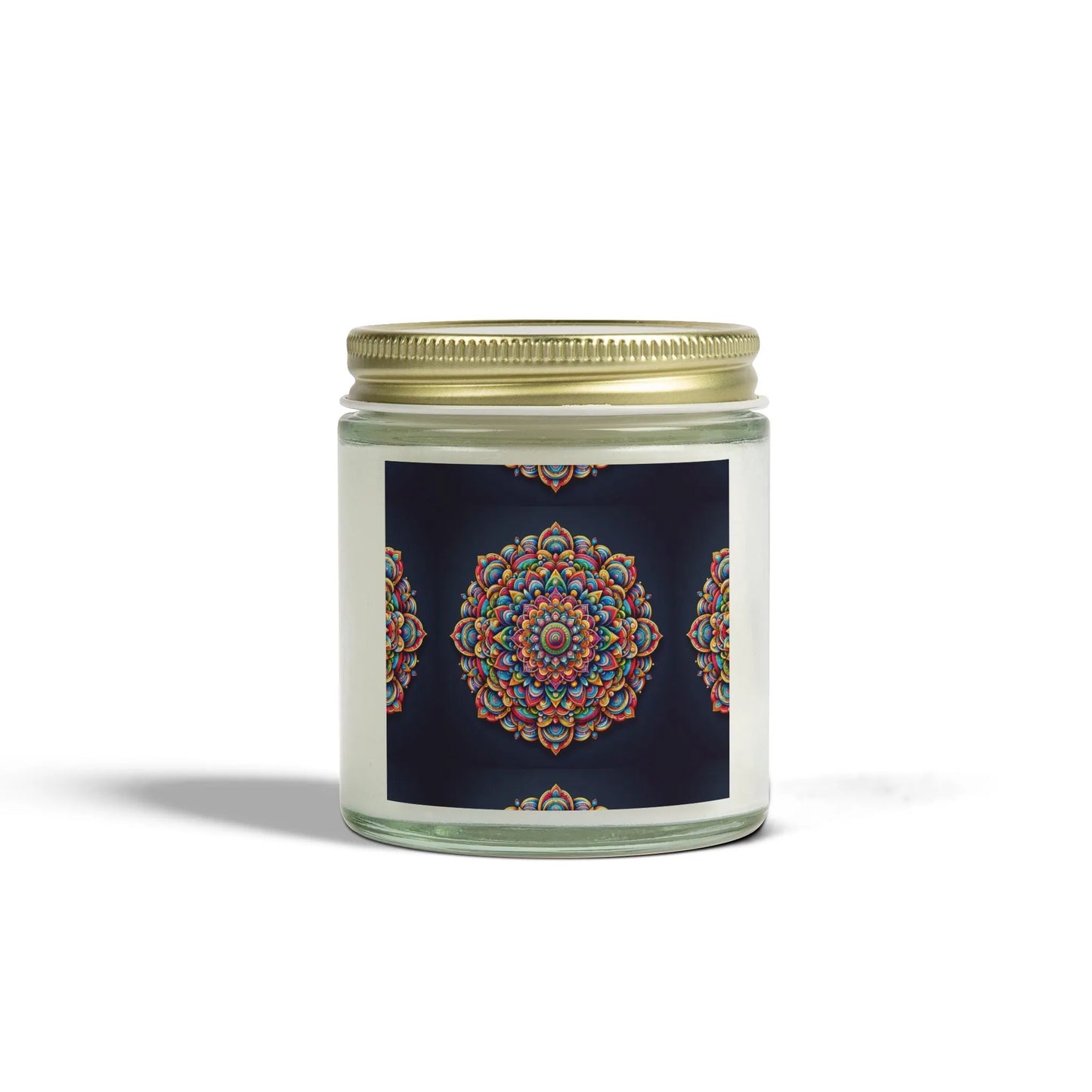 Introducing the Zen Candle by Printify: a glass jar candle with a metallic lid, adorned with a colorful and intricate mandala design on its label. Made from eco-friendly coconut apricot wax, it offers the perfect meditation aroma scent. The plain white background enhances the vibrant pattern, encouraging moments of relaxation.