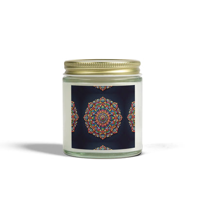 Introducing the Zen Candle by Printify: a glass jar candle with a metallic lid, adorned with a colorful and intricate mandala design on its label. Made from eco-friendly coconut apricot wax, it offers the perfect meditation aroma scent. The plain white background enhances the vibrant pattern, encouraging moments of relaxation.