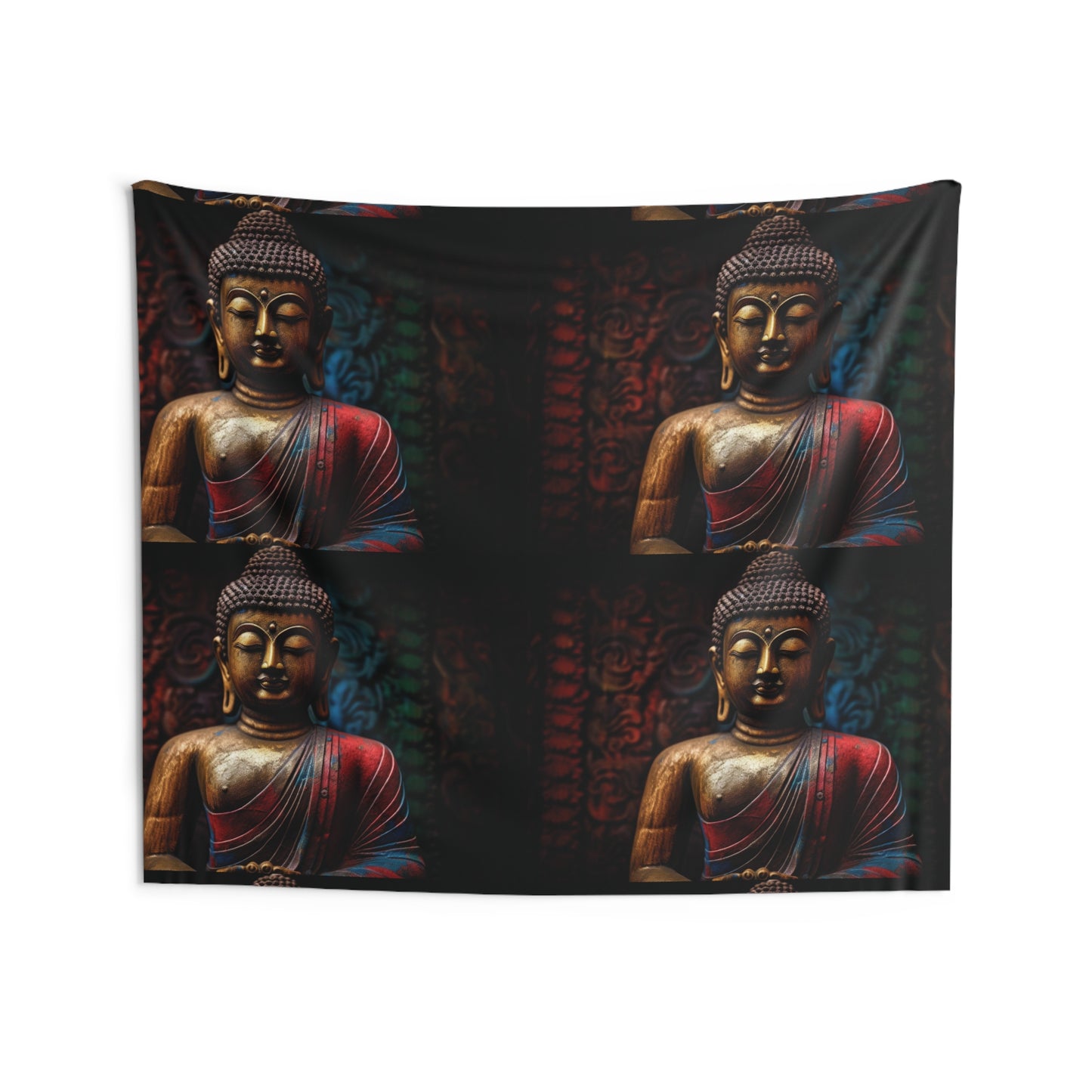 The Buddha Tapestry by Printify, named Zen Tapestry by zenartbliss, showcases a tranquil statue adorned in a red and blue robe, set against an elaborately designed background. Its warm lighting casts soft shadows, crafting a Zen-like environment perfect for meditation enthusiasts who desire a serene atmosphere.