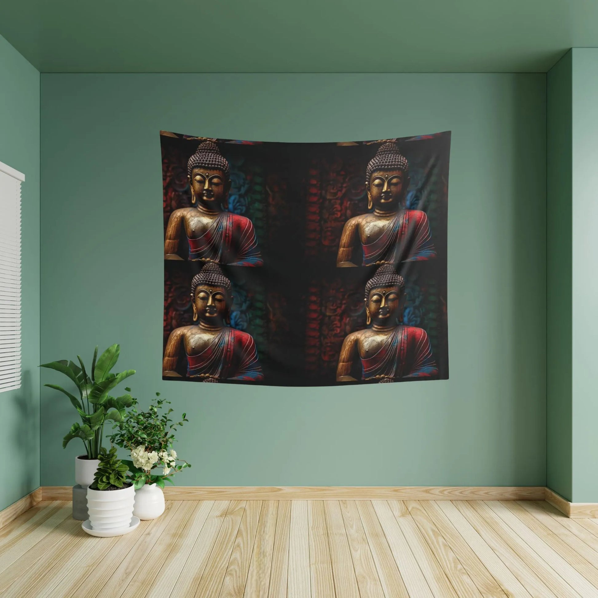 The Buddha Tapestry by Printify, featuring four identical images of a Buddha statue from the zenartbliss collection, enhances a teal wall and creates a calming Zen ambiance in the room with wooden flooring. In the corner, three plants in white pots complement the space, making it ideal for meditation practitioners seeking tranquility.