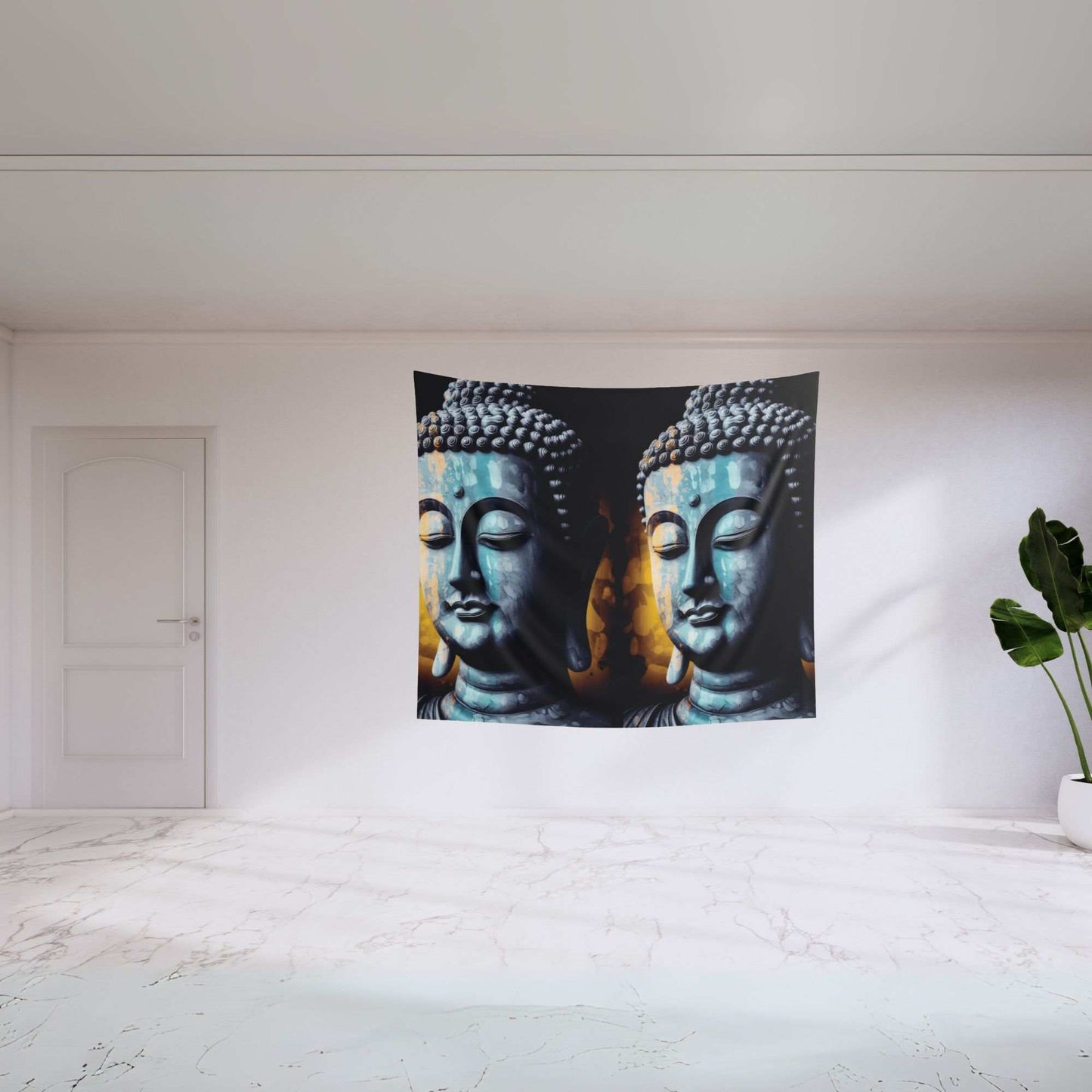 A modern, minimalist room with white walls and marble flooring exudes a peaceful atmosphere. It features a Blue Buddha Indoor Wall Tapestry by Printify, depicting two serene heads, while a green potted plant in the corner adds a touch of nature.