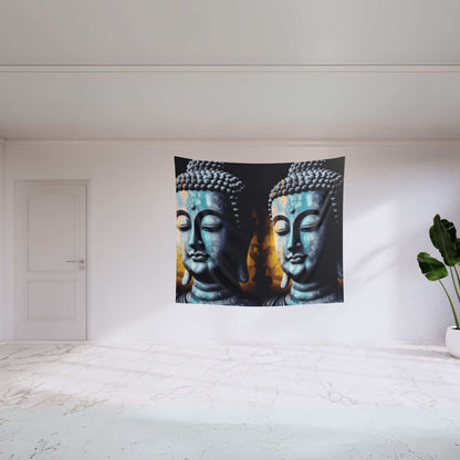 A modern, minimalist room with white walls and marble flooring exudes a peaceful atmosphere. It features a Blue Buddha Indoor Wall Tapestry by Printify, depicting two serene heads, while a green potted plant in the corner adds a touch of nature.