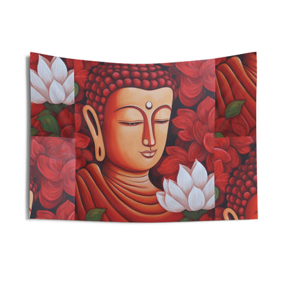 The Meditation Buddha Tapestry by Printify is a vibrant Zen tapestry featuring a serene Buddha surrounded by large red flowers and white lotus blossoms, making it ideal for a yoga room. Its warm tones and intricate details create a calming atmosphere, perfect for spiritual individuals seeking tranquility.