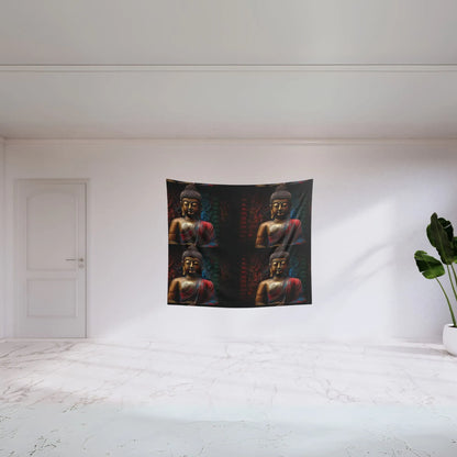 A minimalist room with white walls and marble flooring features the serene Buddha Tapestry by Printify, creating a Zen atmosphere. A large green plant is positioned in the corner, adding a touch of nature to the otherwise simple decor perfect for meditation practitioners.