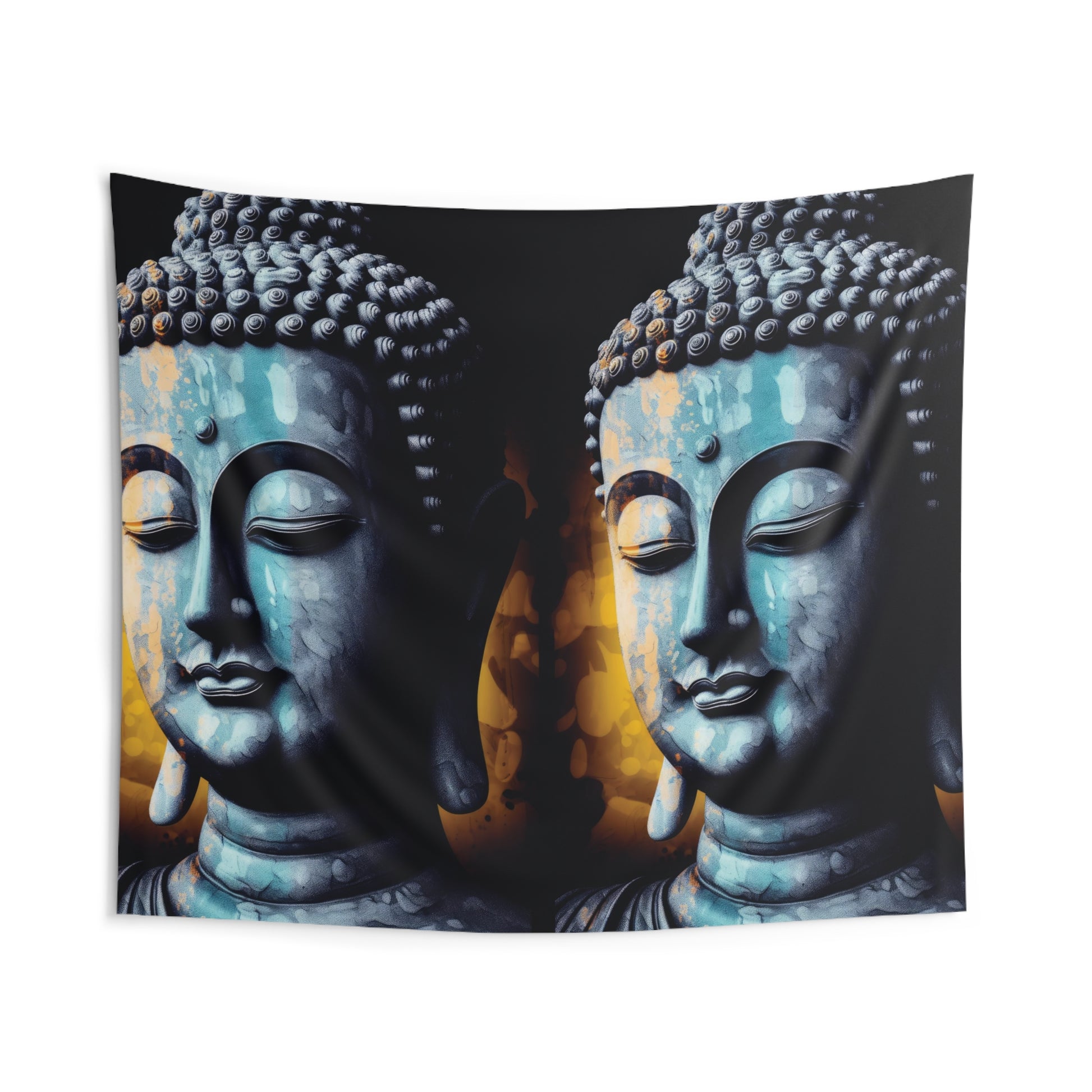 The Blue Buddha Indoor Wall Tapestries by Printify feature two serene statues with closed eyes, set against a dark backdrop. A warm glow highlights the textured patterns, making it ideal for meditation spaces and promoting a peaceful and harmonious atmosphere.