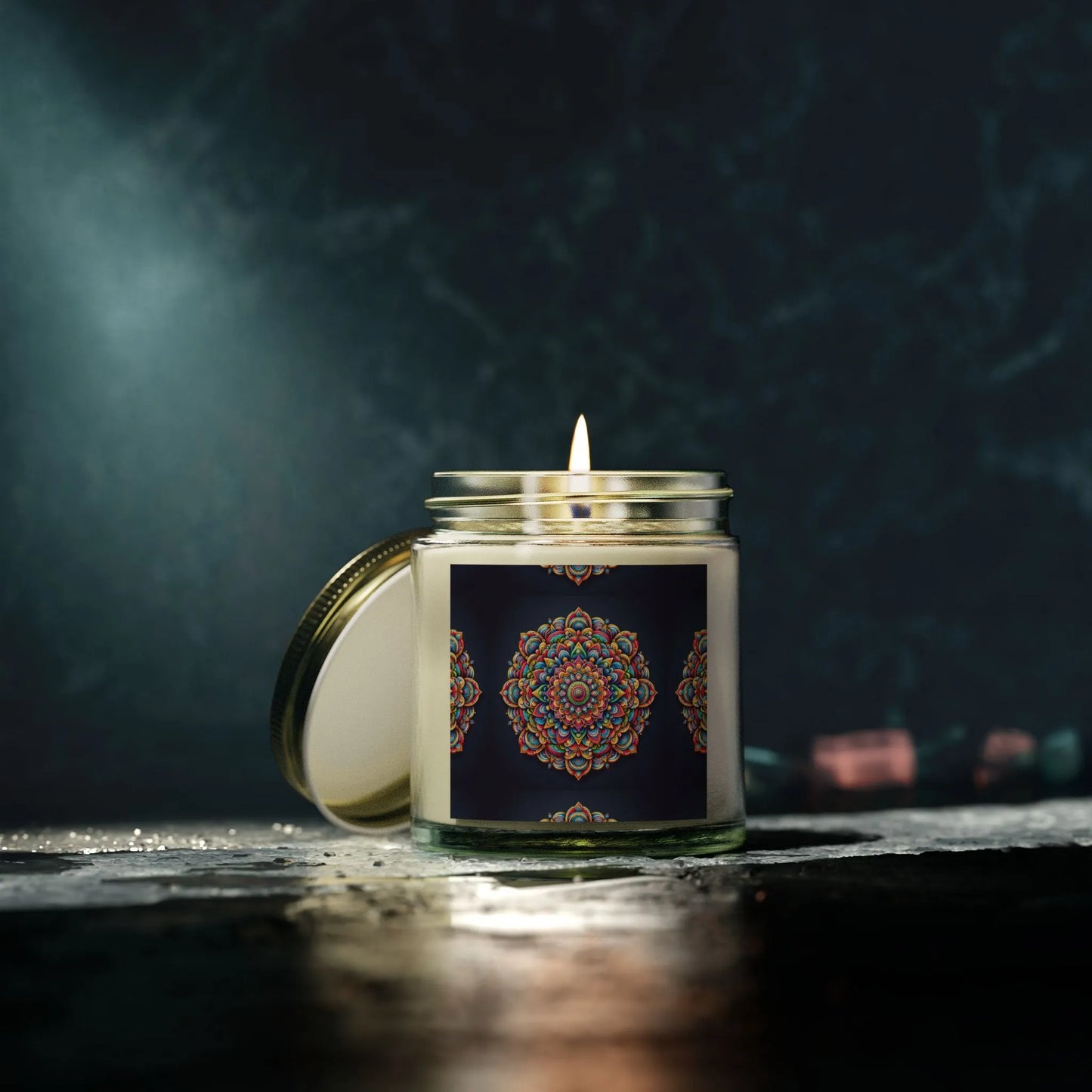 The Meditation Aroma Scented Candle, by Printify, sits elegantly in a glass jar adorned with a decorative mandala pattern on the label. Crafted from eco-friendly coconut apricot wax, it rests on a dark, textured surface. The dimly lit background creates a cozy and serene ambiance perfect for relaxation.