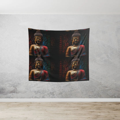 The Zen Tapestry by Printify, known as the Buddha Tapestry, creates a calming atmosphere with its display of four images featuring serene statues in intricate robes. Ideal for meditation practitioners, this zenartbliss piece enhances tranquility when hung on a light gray wall above a wooden floor.