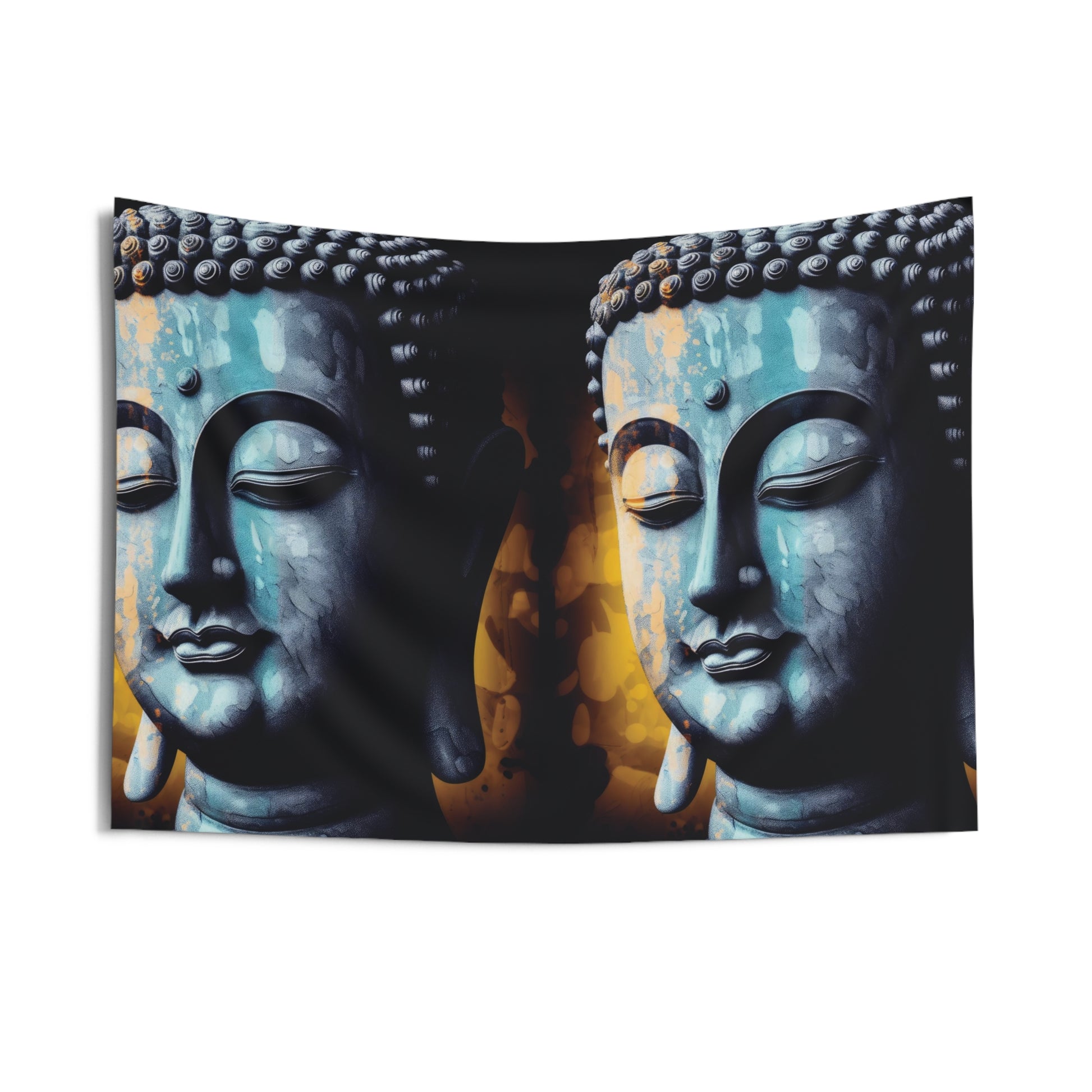 The Blue Buddha Indoor Wall Tapestry from Printify, showcasing two serene faces with closed eyes and textured surfaces, enhances the space with its warm orange and yellow background, making it ideal for cultivating a peaceful atmosphere in meditation areas.