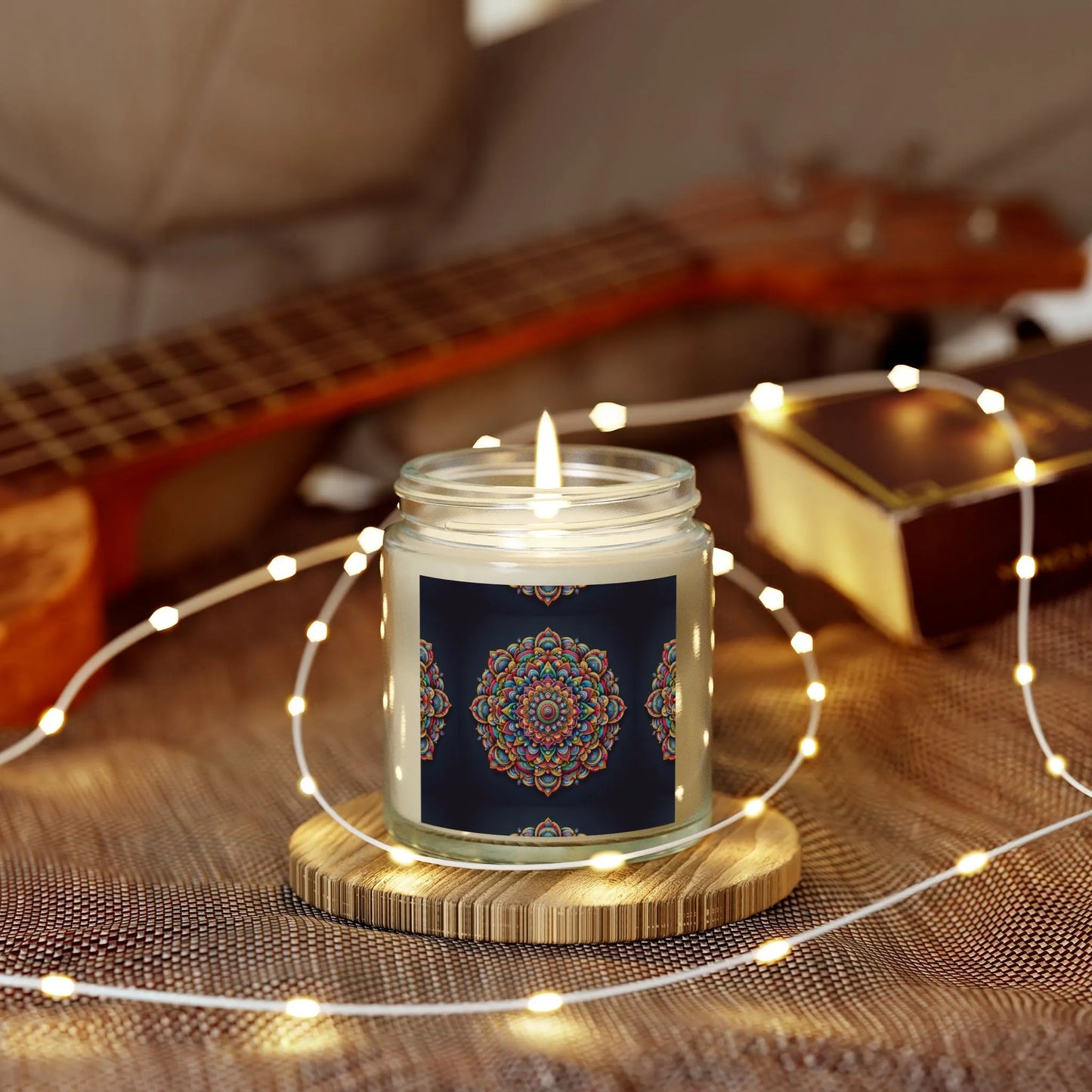 A Zen Candle by Printify, designed with a mandala pattern on the jar, rests lit on a wooden coaster, filling the room with its calming meditation aroma. With fairy lights encircling it, the candle enhances a cozy vibe next to a ukulele and book. Crafted from eco-friendly coconut apricot wax, this Meditation Aroma Scented Candle is ideal for relaxation.