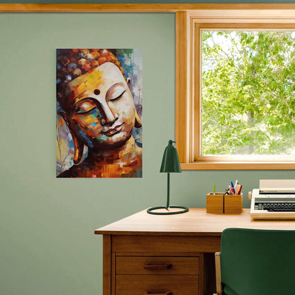 ZenArtBliss.com's Abstract Meditation Poster, a modern Buddha depicted in a kaleidoscope of abstract colors on a 24x36 matte canvas.
