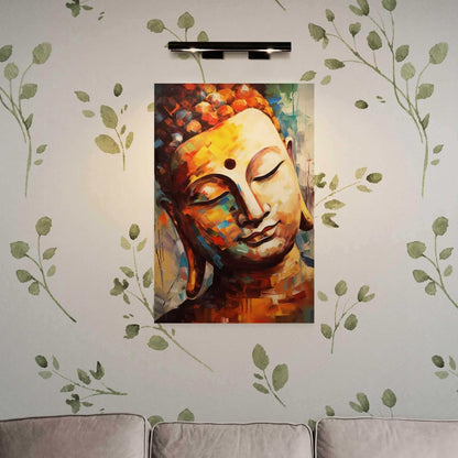 A colorful abstract Buddha painting with rich warm tones on a wall adorned with green leaf motifs, creating a serene focal point in a living room