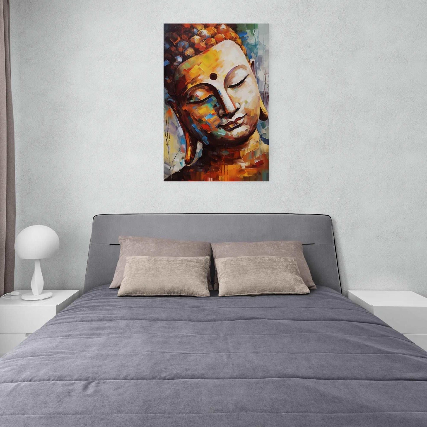 Modern bedroom featuring a bright Buddha painting with abstract elements, adding a touch of serenity next to a bed with green and white pillows.