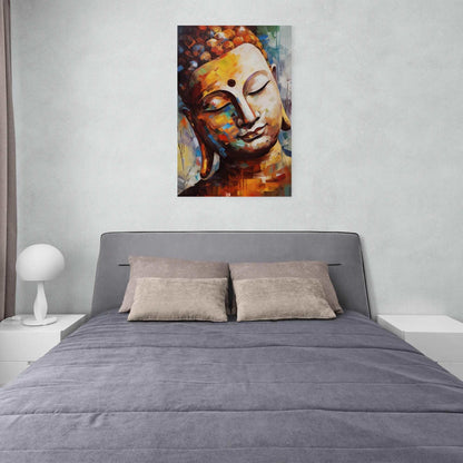Modern bedroom featuring a bright Buddha painting with abstract elements, adding a touch of serenity next to a bed with green and white pillows.