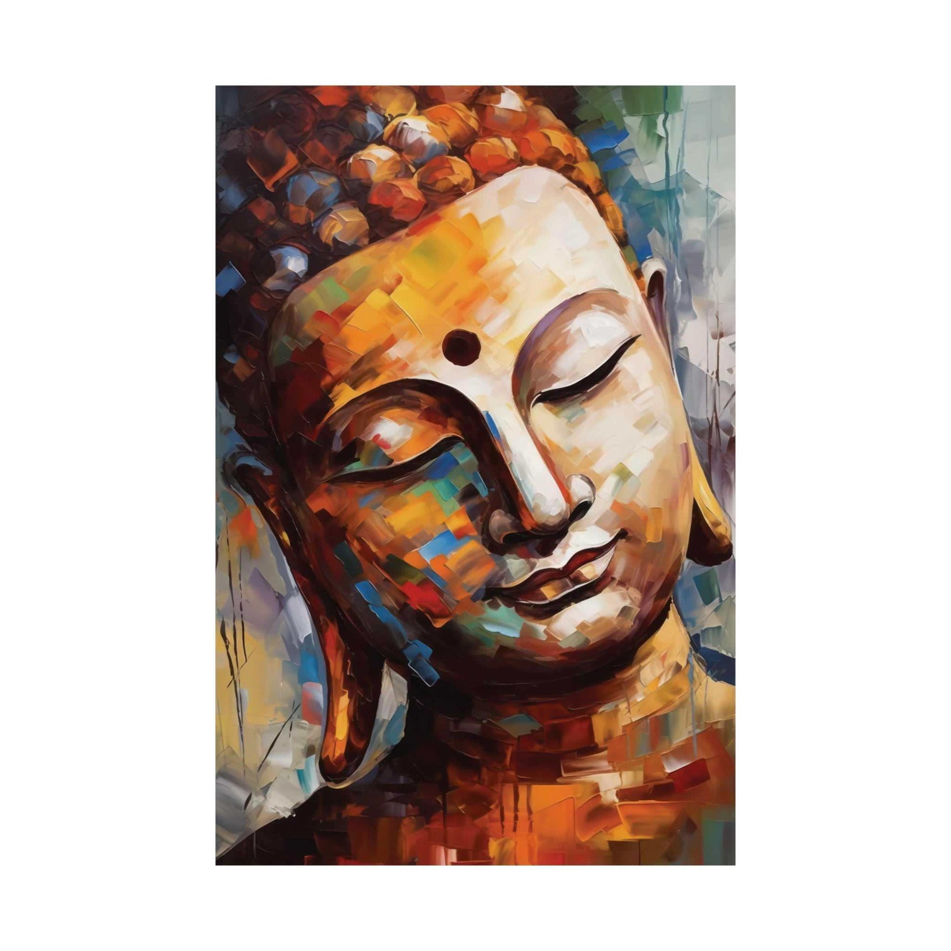 ZenArtBliss.com's Abstract Meditation Poster, a modern Buddha depicted in a kaleidoscope of abstract colors on a 24x36 matte canvas.