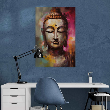 Office setup with a blue chair and white desk, highlighted by an abstract painting of Buddha on a textured blue wall