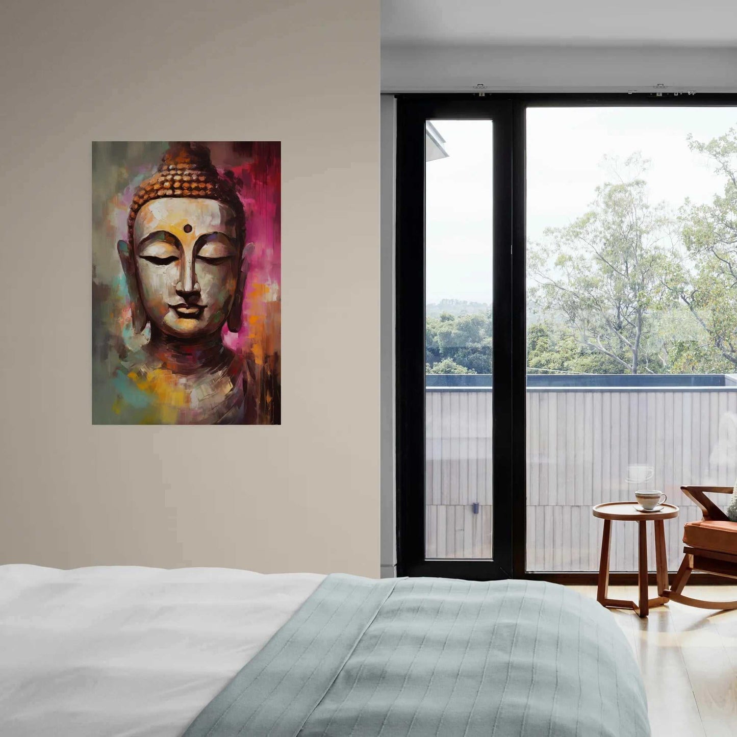 Bedroom with a view of the outdoors, featuring an abstract Buddha artwork above the bed with a muted blue comforter.