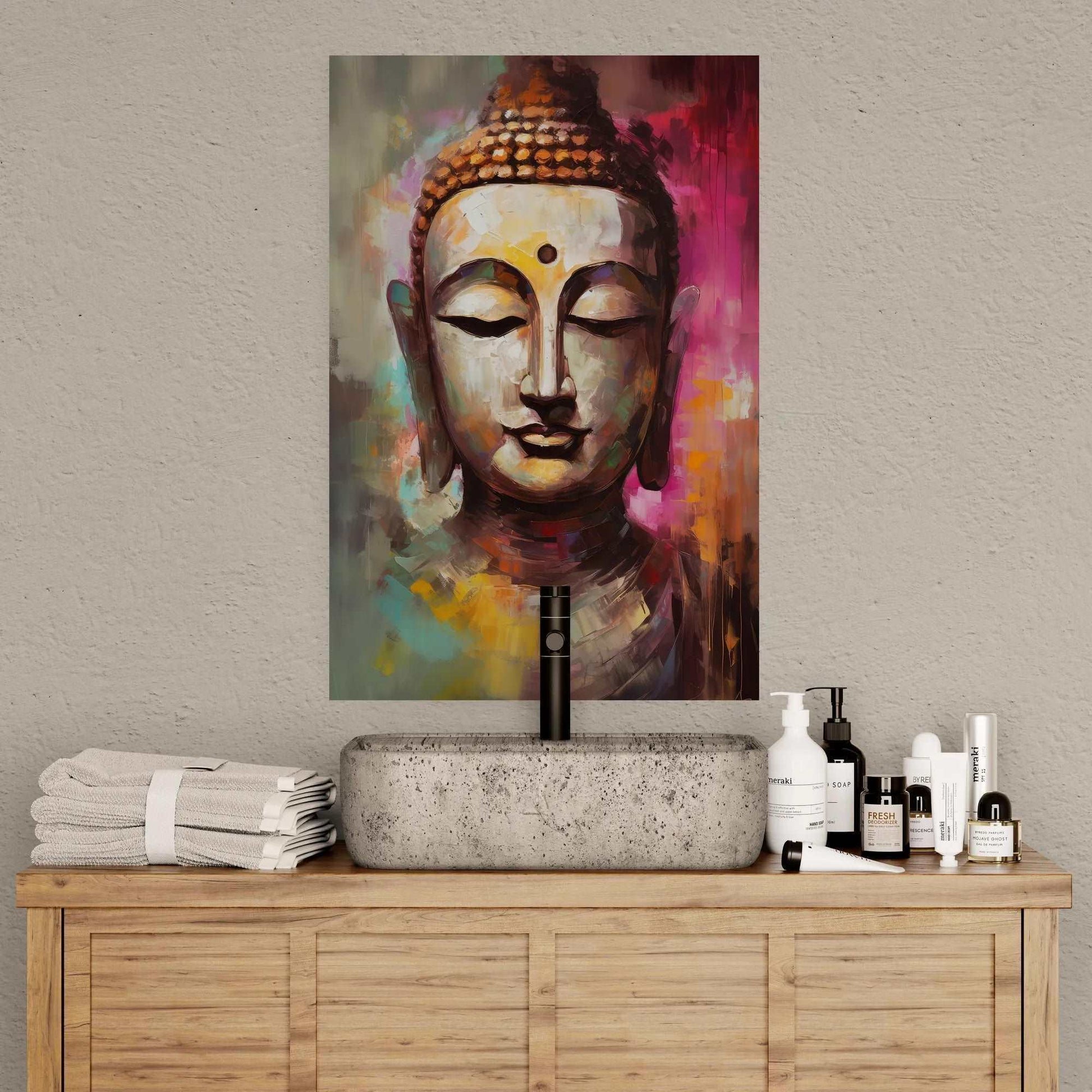 A colorful abstract painting of Buddha's face over a sink with towels and skincare products on a wooden cabinet.