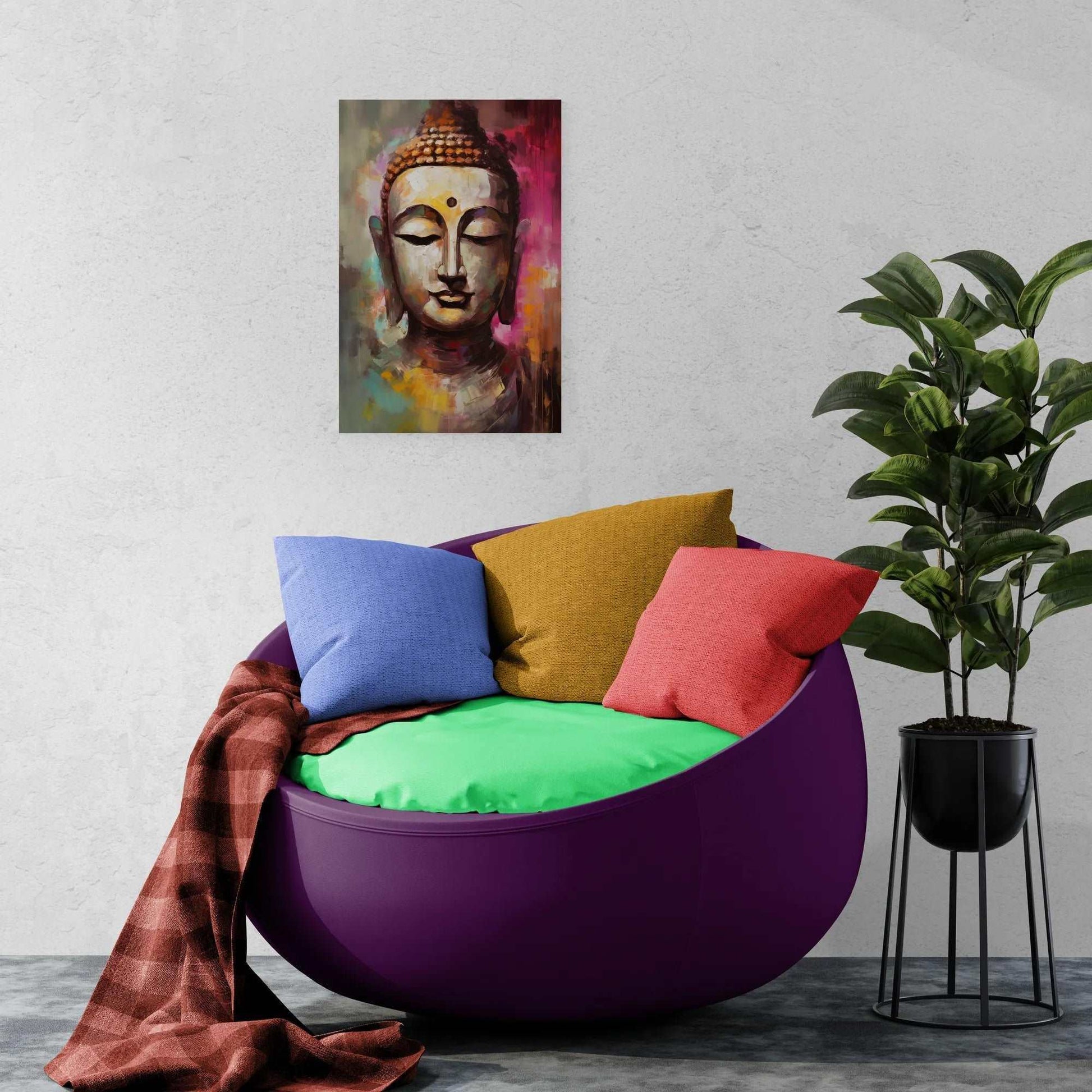 "Abstract Buddha portrait in vibrant colors above a modern purple chair with multicolored cushions and a brown throw.
