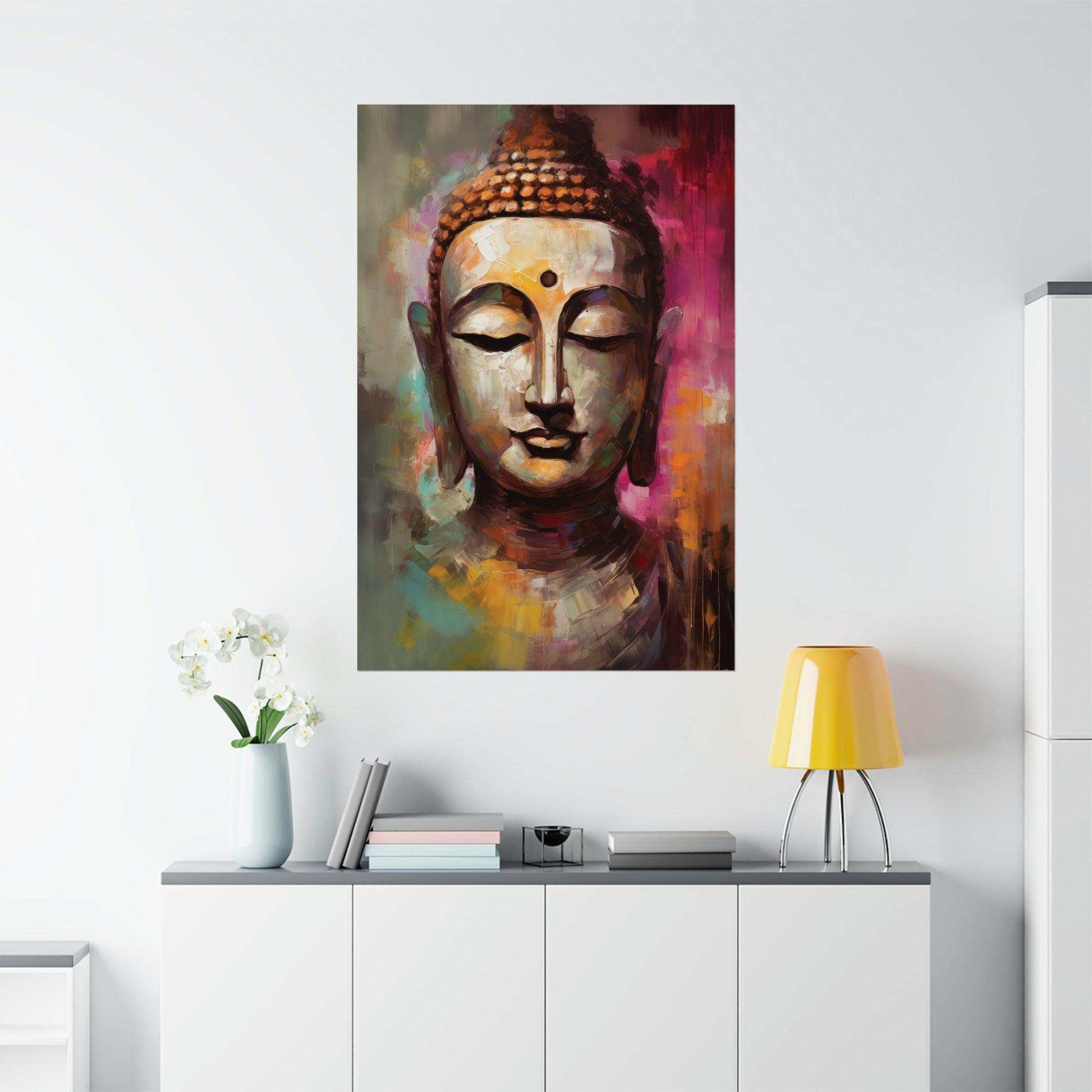 ZenArtBliss.com's Abstract Modern Buddha poster, a vibrant abstract meditation art with a fusion of colors on a matte finish paper.
