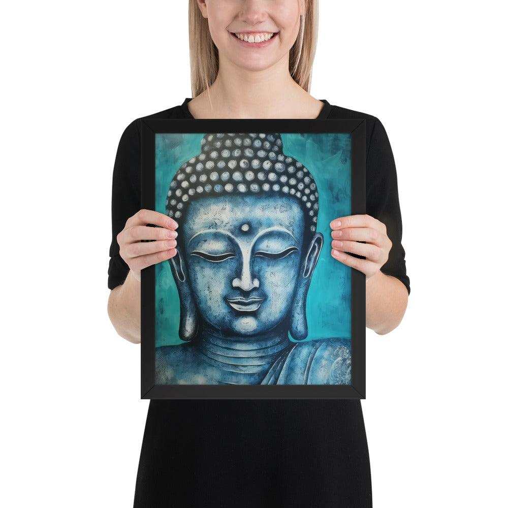 A woman with a bright smile is holding a black oak framed poster depicting a serene blue Buddha head against a textured teal background, blending spiritual calm with rich, modern colors.