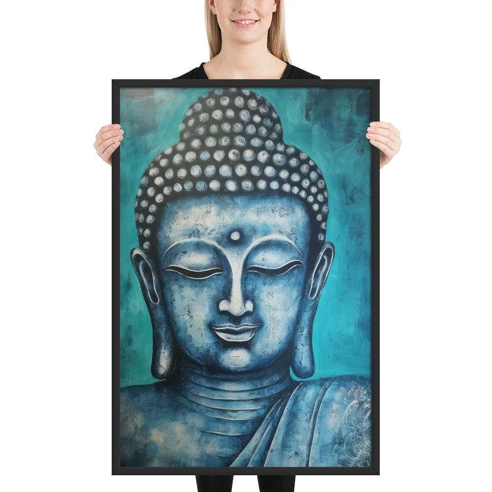 A woman with a bright smile is holding a black oak framed poster depicting a serene blue Buddha head against a textured teal background, blending spiritual calm with rich, modern colors.