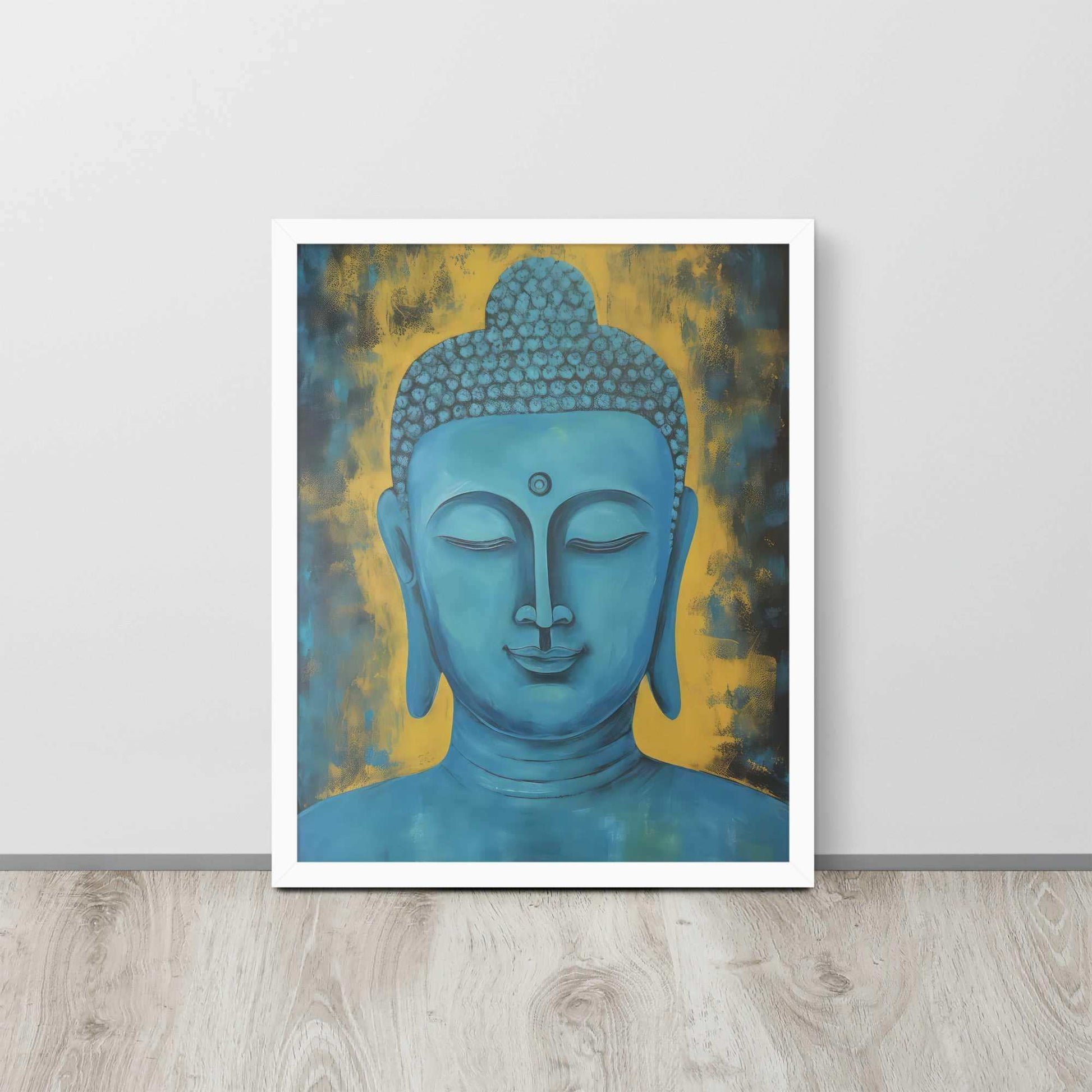 A white oak framed poster displays a Blue Buddha Healing Tibetan Art against a golden yellow background with dark, leaf-like impressions, creating a serene and contemplative artwork, propped on a light wooden floor against a white wall.