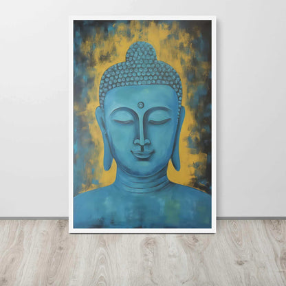 A white oak framed poster displays a Blue Buddha Healing Tibetan Art against a golden yellow background with dark, leaf-like impressions, creating a serene and contemplative artwork, propped on a light wooden floor against a white wall.