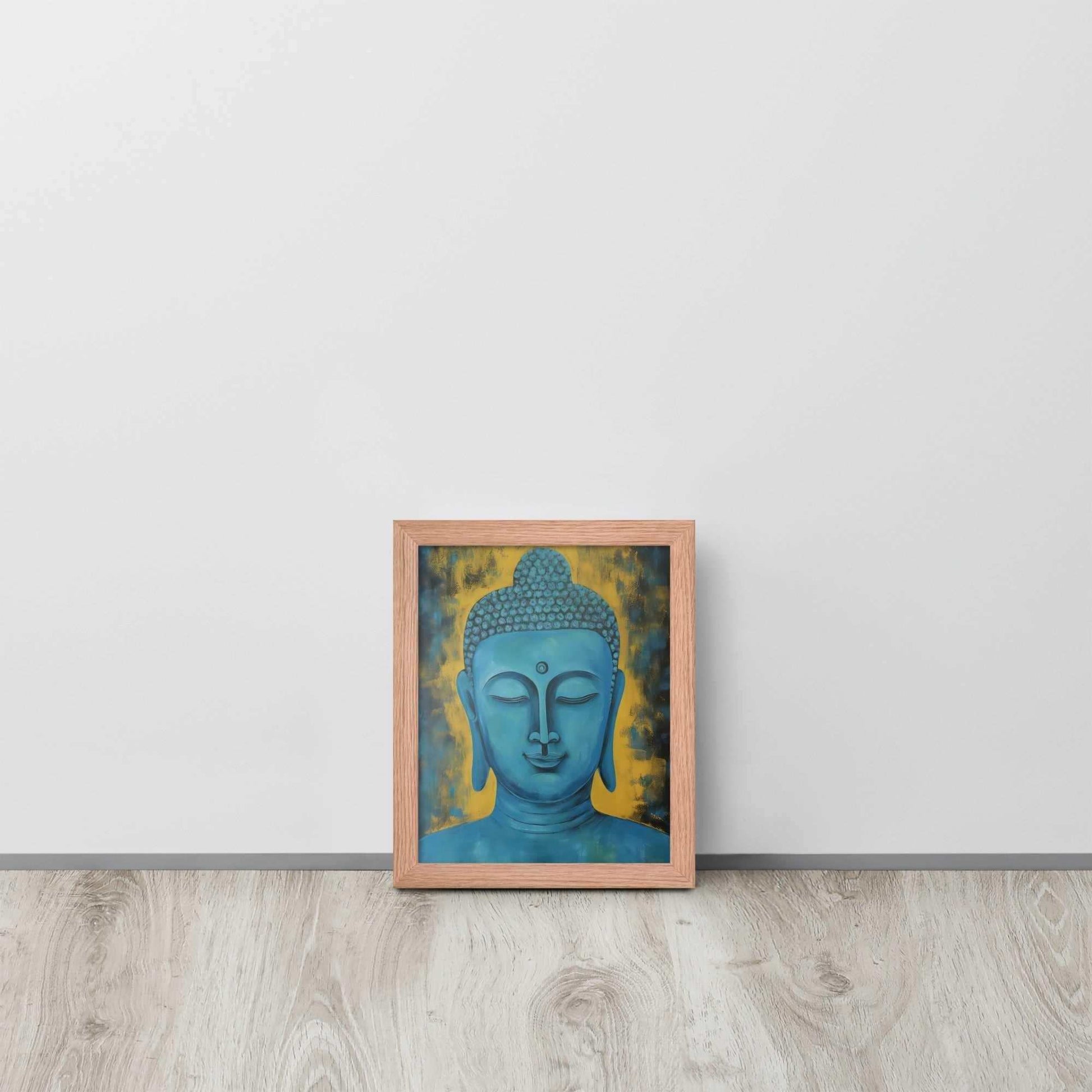 A red oak framed poster displays a Blue Buddha Healing Tibetan Art against a golden yellow background with dark, leaf-like impressions, creating a serene and contemplative artwork, propped on a light wooden floor against a white wall.