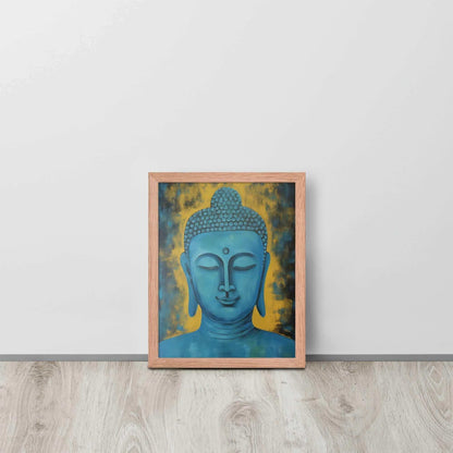 A red oak framed poster displays a Blue Buddha Healing Tibetan Art against a golden yellow background with dark, leaf-like impressions, creating a serene and contemplative artwork, propped on a light wooden floor against a white wall.