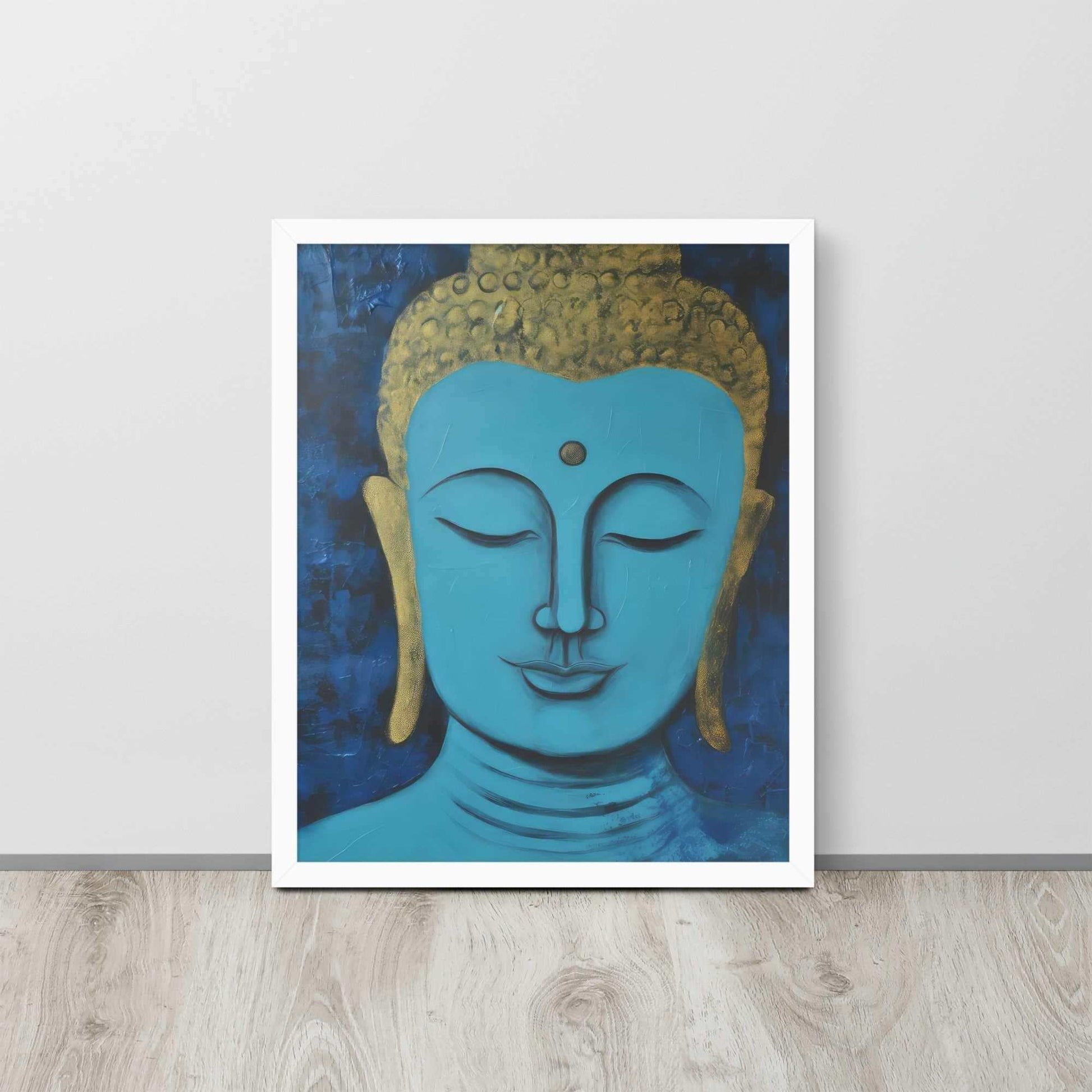 A framed poster with a white oak finish features a serene Blue Buddha Zen Wall Art with golden touches, set against a darker blue backdrop with a rich, textural finish, positioned on a light wooden floor by a plain white wall.