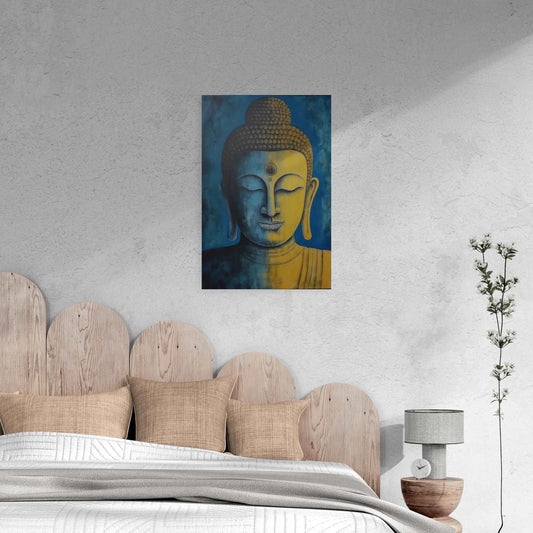 Blue and gold Buddha painting above a wooden headboard, complementing the neutral bedding and adding a tranquil touch to the bedroom