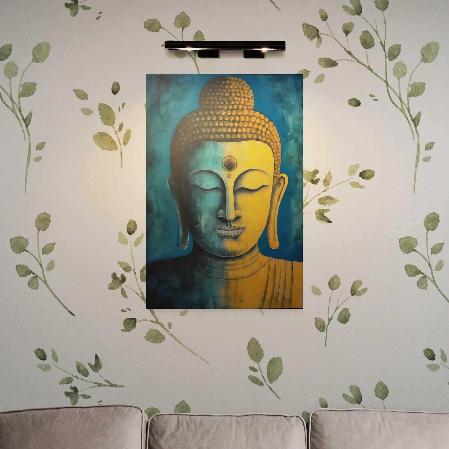 Blue and gold Buddha painting provides a calming presence over a beige sofa, enhanced by the leaf-patterned wallpaper in a living area.