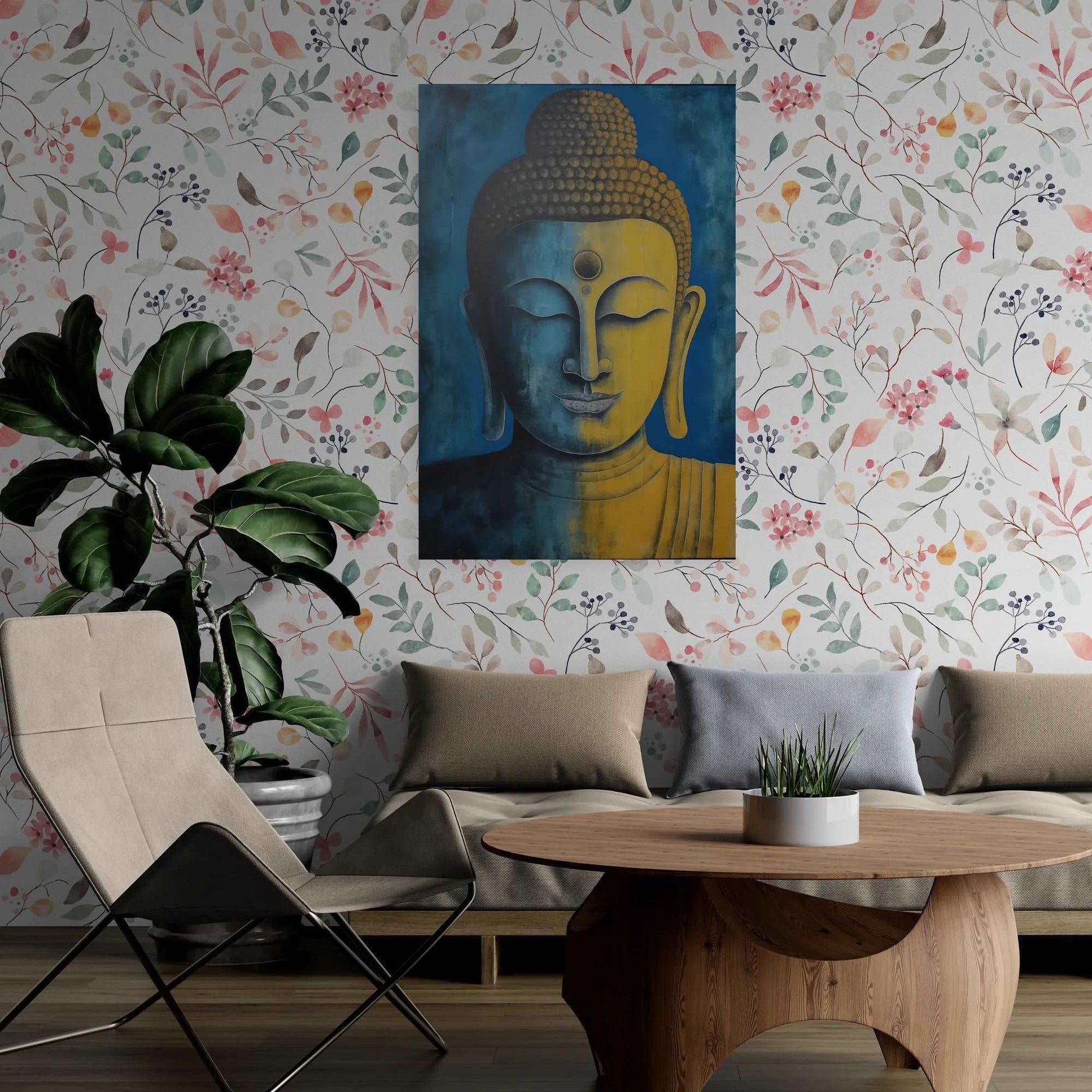Modern living space with a blue and gold Buddha painting against a colorful floral wallpaper, accompanied by a fiddle-leaf fig plant and minimalist furniture.