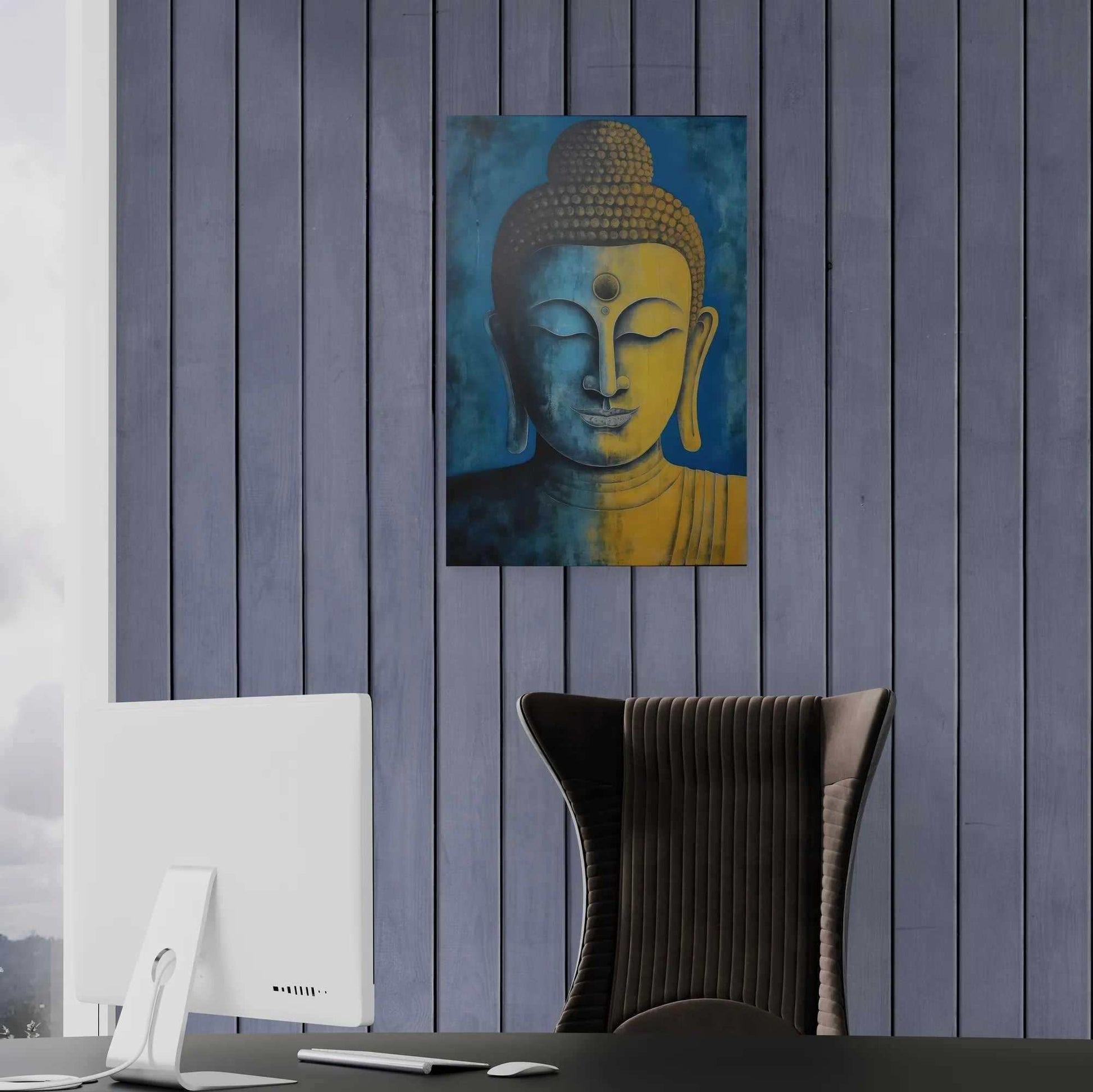 A blue and gold Buddha painting creates a serene focal point on a blue vertical slat wall in an office, above a dark desk and stylish chair.