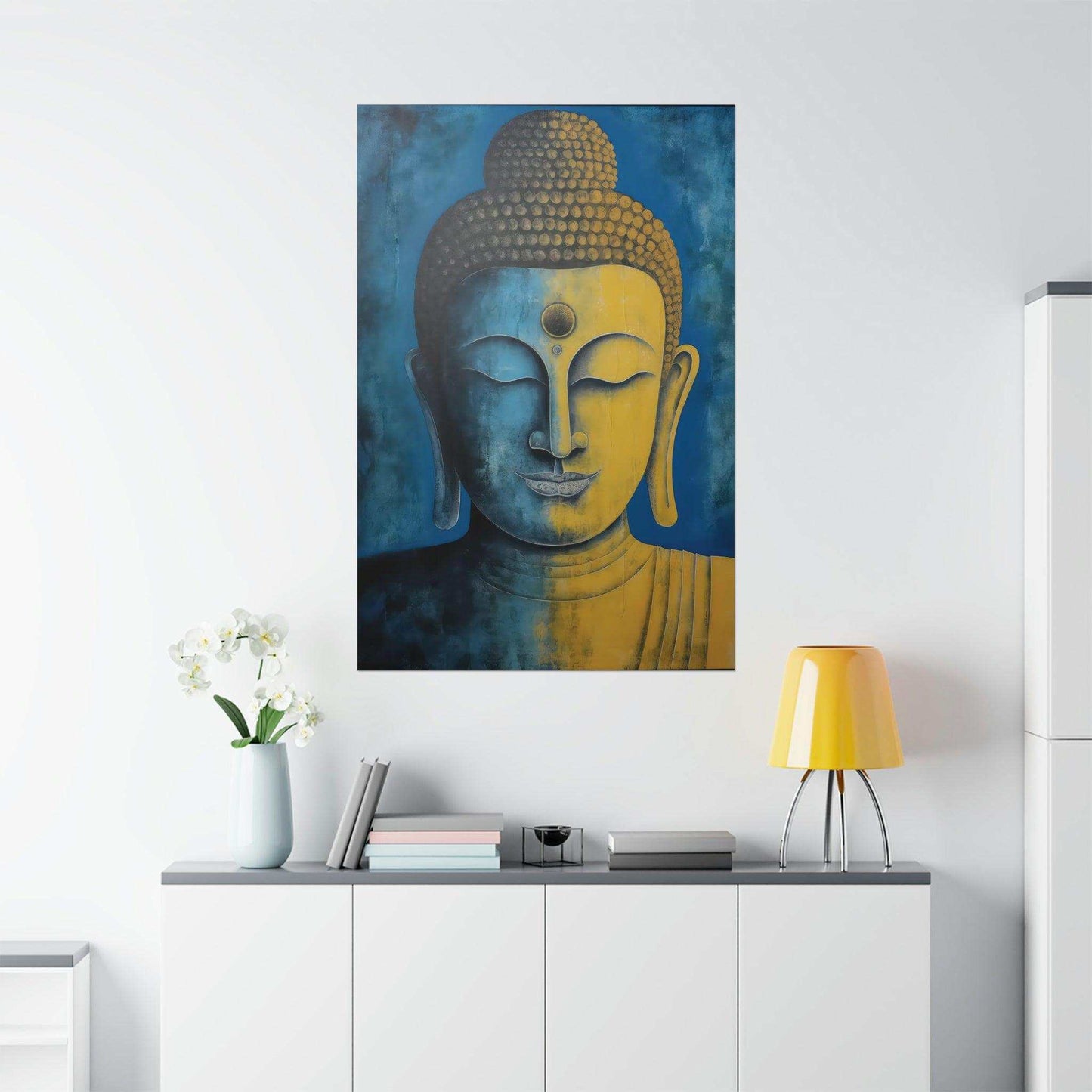 Zen artwork poster featuring a Buddha in contemplation with blue and golden tones on matte paper.
