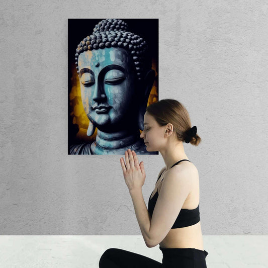 A woman in workout attire kneels and presses her hands together in a gesture of respect towards a grayscale Buddha portrait with a warm, bokeh background.